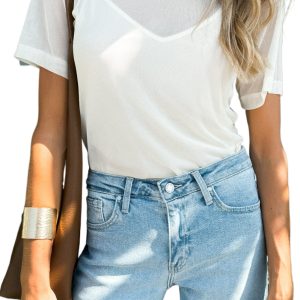 Women's White Sheer Mesh Patchwork Short Sleeve Top - Casual Summer Tee - Main View