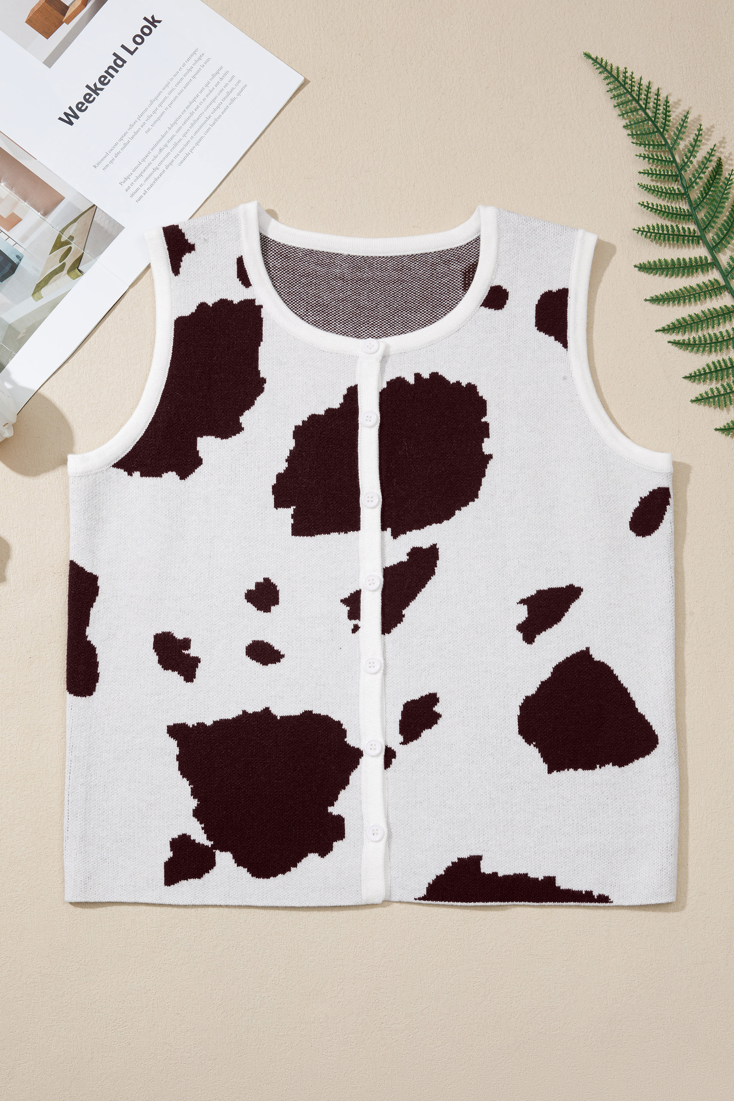 Women's Chic Western Cow Print Sweater Vest – Button Front Summer Knit Top, Stylish Gift for Her - Detail View 6 Women's Chic Western Cow Print Sweater Vest – Button Front Summer Knit Top, Stylish Gift for Her - Detail View 6