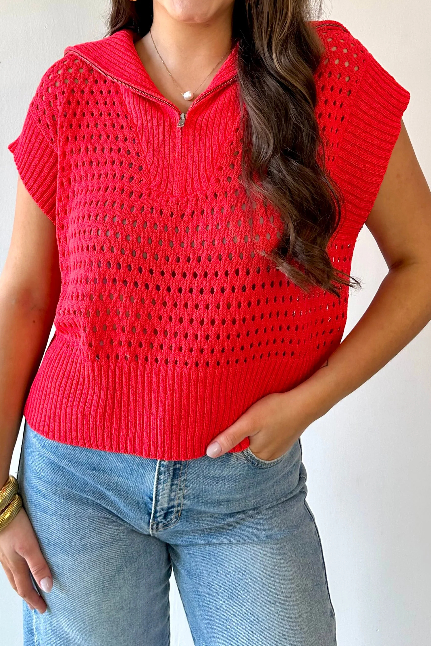 Women's Red Knit Top, Casual Short Sleeve Zipper Sweater - Detail View 7 Women's Red Knit Top, Casual Short Sleeve Zipper Sweater - Detail View 7