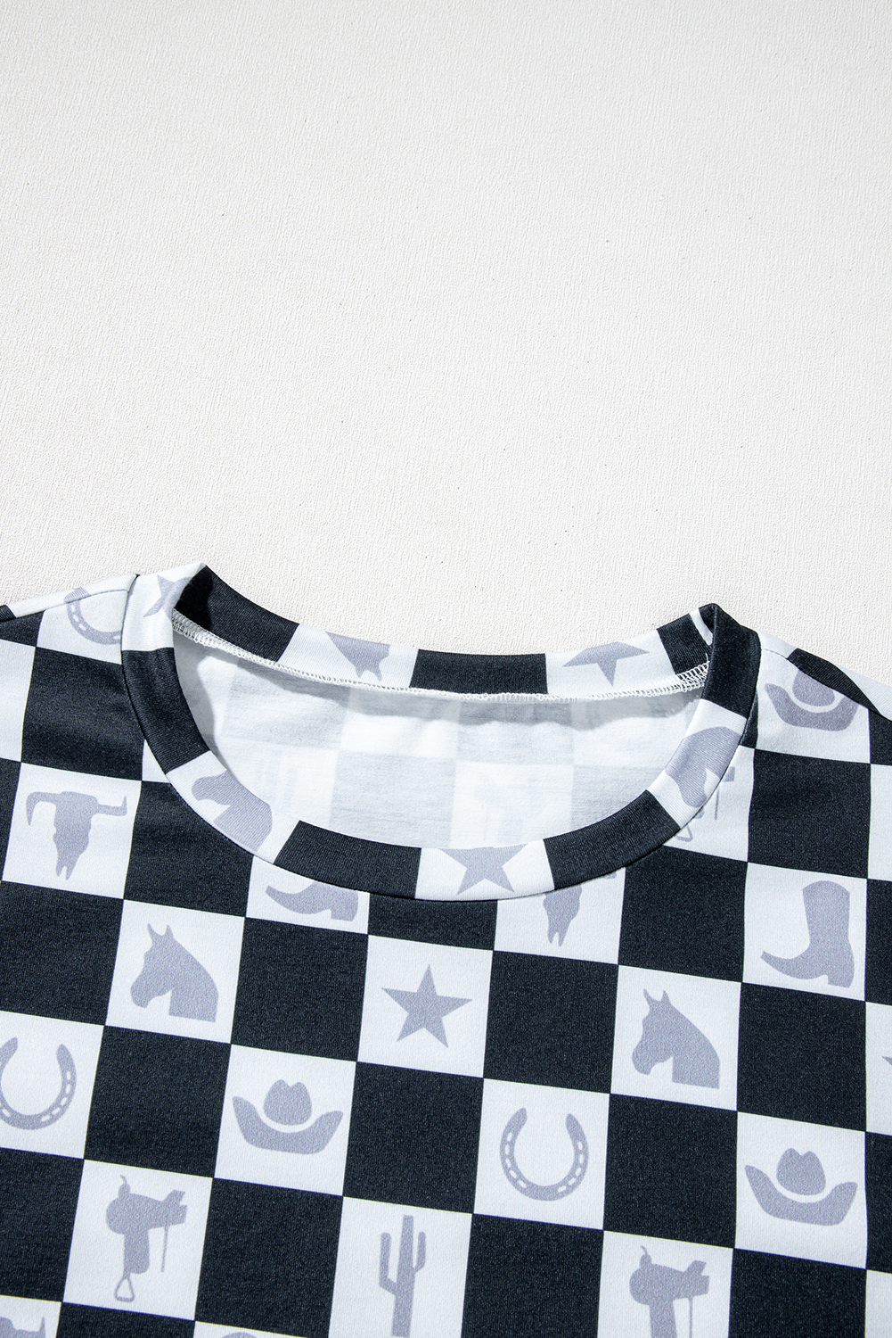 Women's T-Shirt, Black, Western Fashion, Checkerboard Print, Longline Style, Side Split, Crew Neck, Short Sleeve, Casual Wear, Summer Fashion, Stylish, Shift Silhouette, Easy to Style, Tops & Tees, Daily Wear - Detail View 16 Women's T-Shirt, Black, Western Fashion, Checkerboard Print, Longline Style, Side Split, Crew Neck, Short Sleeve, Casual Wear, Summer Fashion, Stylish, Shift Silhouette, Easy to Style, Tops & Tees, Daily Wear - Detail View 16