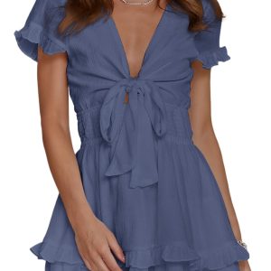 Women's Blue Deep V Neck Layered Flare Mini Dress – Casual Summer Style for Daily Wear - Main View