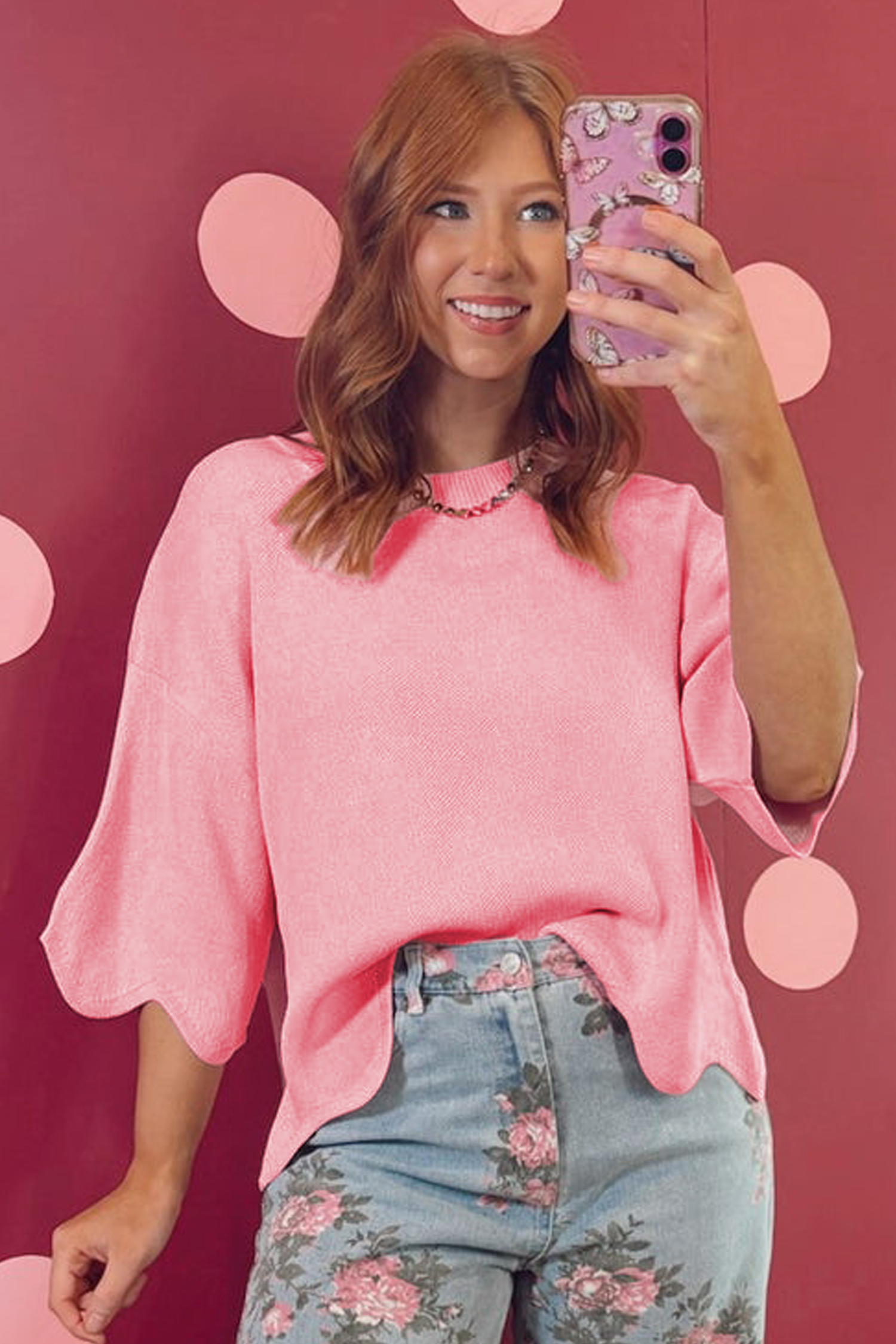 Women's Round Neck Half Sleeve Sweater – Solid Pink Summer Knit Top with Ruffle Hem Detail for Daily Outfits - Detail View 12 Women's Round Neck Half Sleeve Sweater – Solid Pink Summer Knit Top with Ruffle Hem Detail for Daily Outfits - Detail View 12