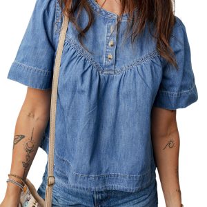 Women's Beau Blue Denim Top – Short Sleeve Half Button Casual Shirt for Everyday Style - Main View