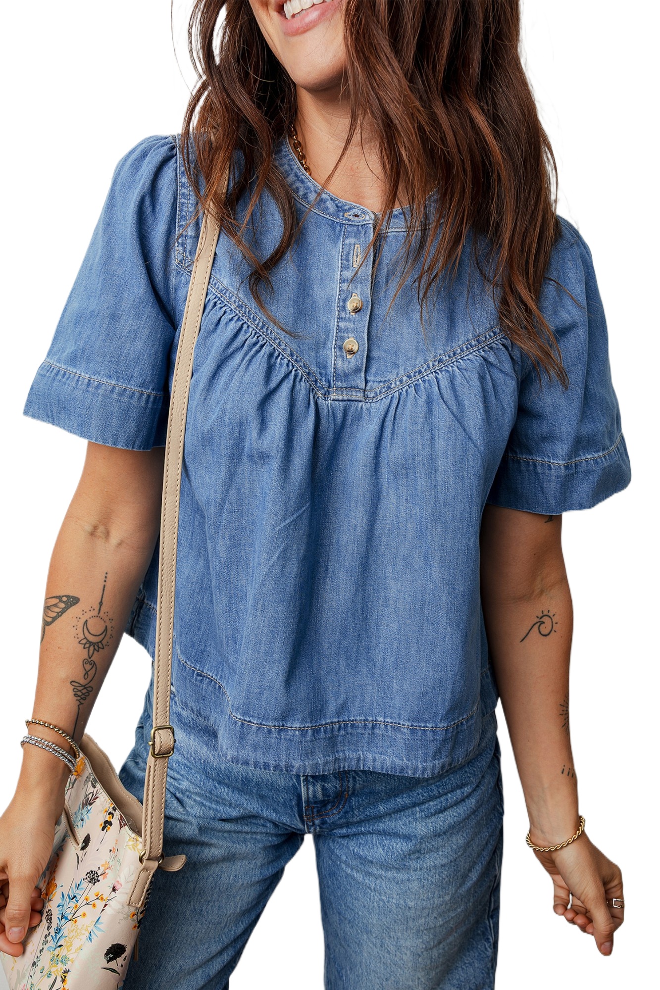 Women's Beau Blue Denim Top – Short Sleeve Half Button Casual Shirt for Everyday Style - Main View Women's Beau Blue Denim Top – Short Sleeve Half Button Casual Shirt for Everyday Style - Main View
