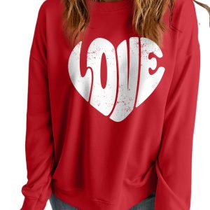 Women's Red Retro Heart-Shape LOVE Letter Graphic Sweatshirt for Casual Fashion - Main View
