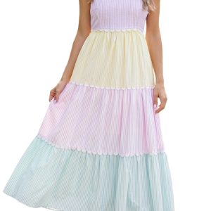 Women's Pastel Striped Long Dress – Adjustable Strap Colorblock Summer Vacation Dress - Main View
