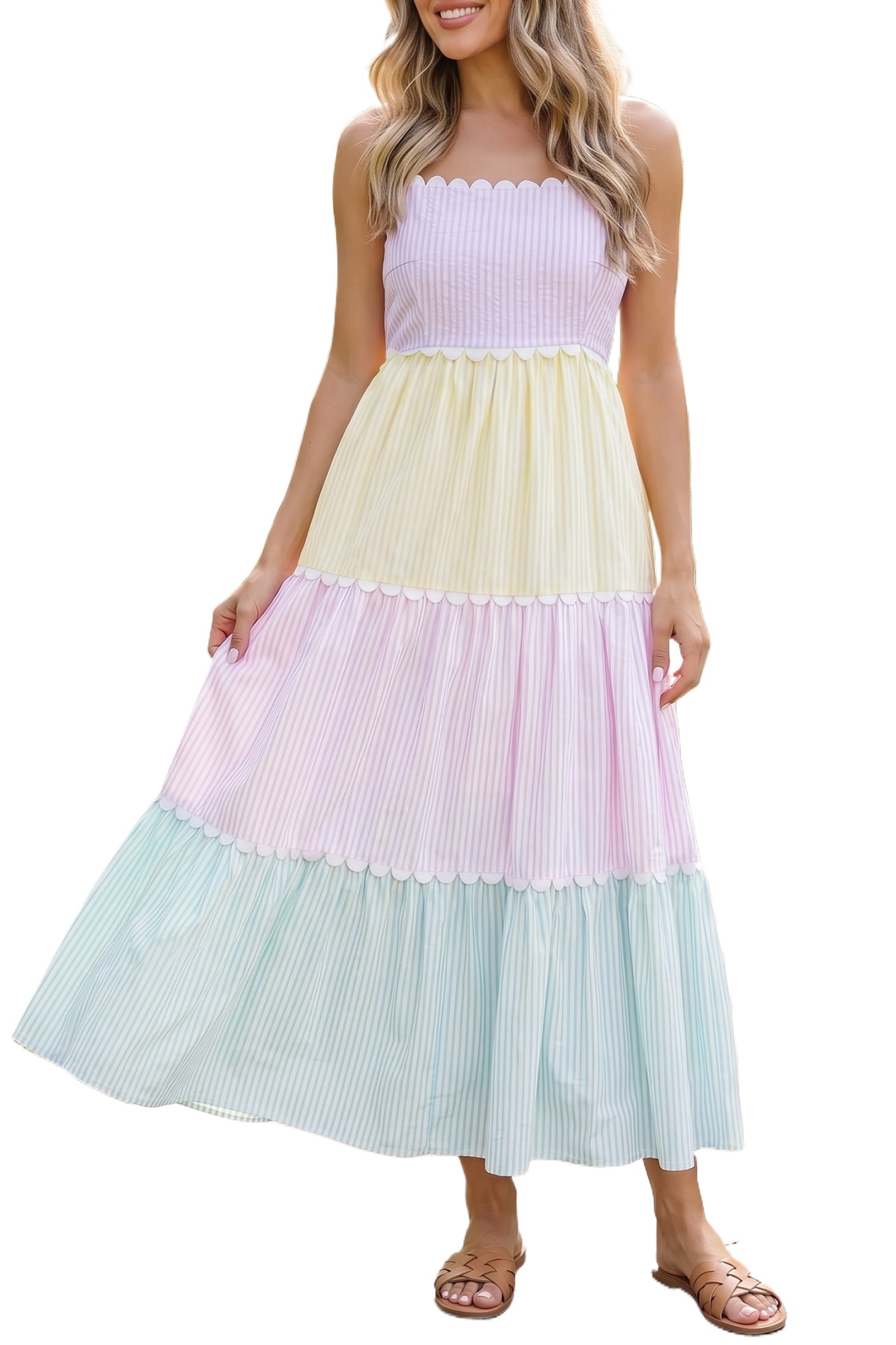 Women's Pastel Striped Long Dress – Adjustable Strap Colorblock Summer Vacation Dress - Main View Women's Pastel Striped Long Dress – Adjustable Strap Colorblock Summer Vacation Dress - Main View