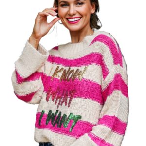 Women's Rose Red Sequin Letter Graphic Colorblock Sweater – Casual Fall Fashion Essential - Main View