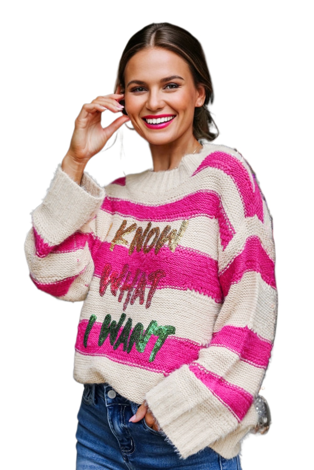 Women's Rose Red Sequin Letter Graphic Colorblock Sweater – Casual Fall Fashion Essential - Main View Women's Rose Red Sequin Letter Graphic Colorblock Sweater – Casual Fall Fashion Essential - Main View