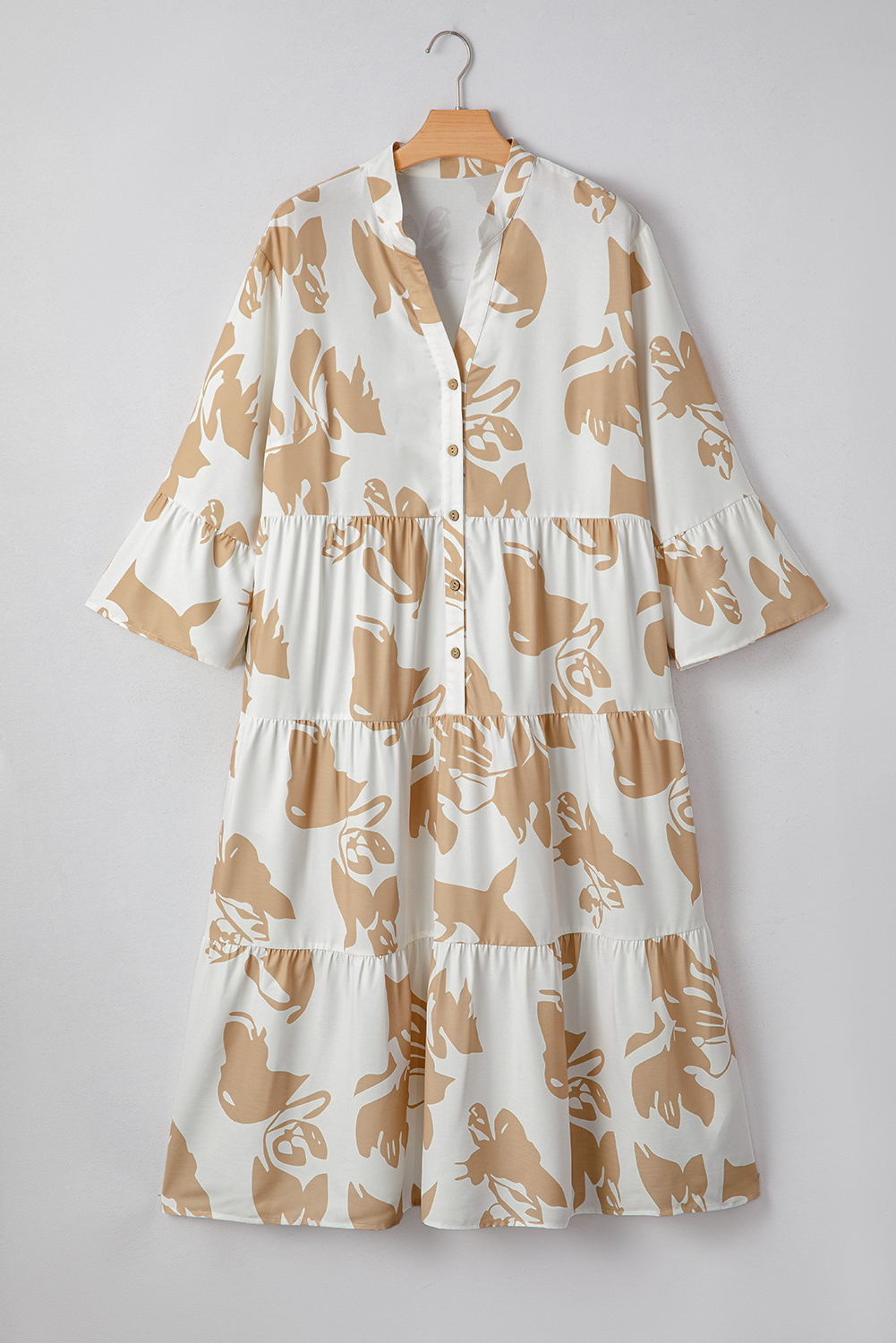 Casual Daily Wear: Plus Size Khaki Patterned Long Dress with V Neck and Ruffled Sleeves - Detail View 2 Casual Daily Wear: Plus Size Khaki Patterned Long Dress with V Neck and Ruffled Sleeves - Detail View 2