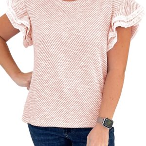 Women's Light Pink Ruffled Short Sleeve Blouse – Lace Trim Casual Summer Top for Daily Wear - Main View