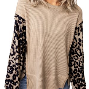 Women's Leopard Sleeve Waffle Top, Casual Daily Shirt - Main View