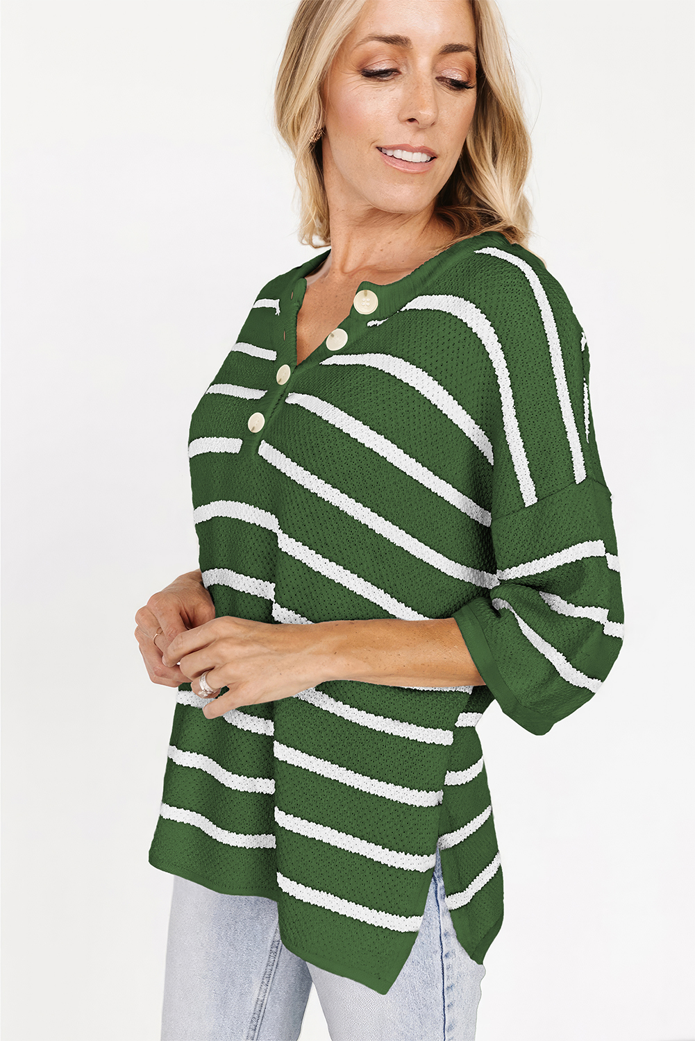 Flattering Women's Round Neck Knit Top - Stylish Button Detail for Daily Wear - Detail View 3 Flattering Women's Round Neck Knit Top - Stylish Button Detail for Daily Wear - Detail View 3