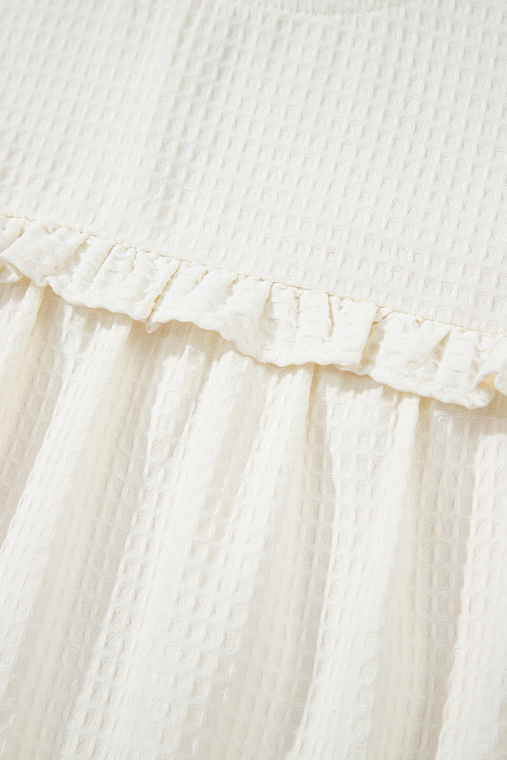 Chic White Waffle Knit Top with Frilled Neck Design - Summer Essential - Detail View 11 Chic White Waffle Knit Top with Frilled Neck Design - Summer Essential - Detail View 11