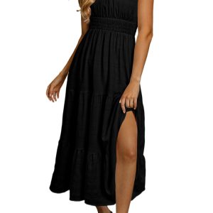 Women's Black Sleeveless Midi Dress – Shirred Tiered Casual - Main View