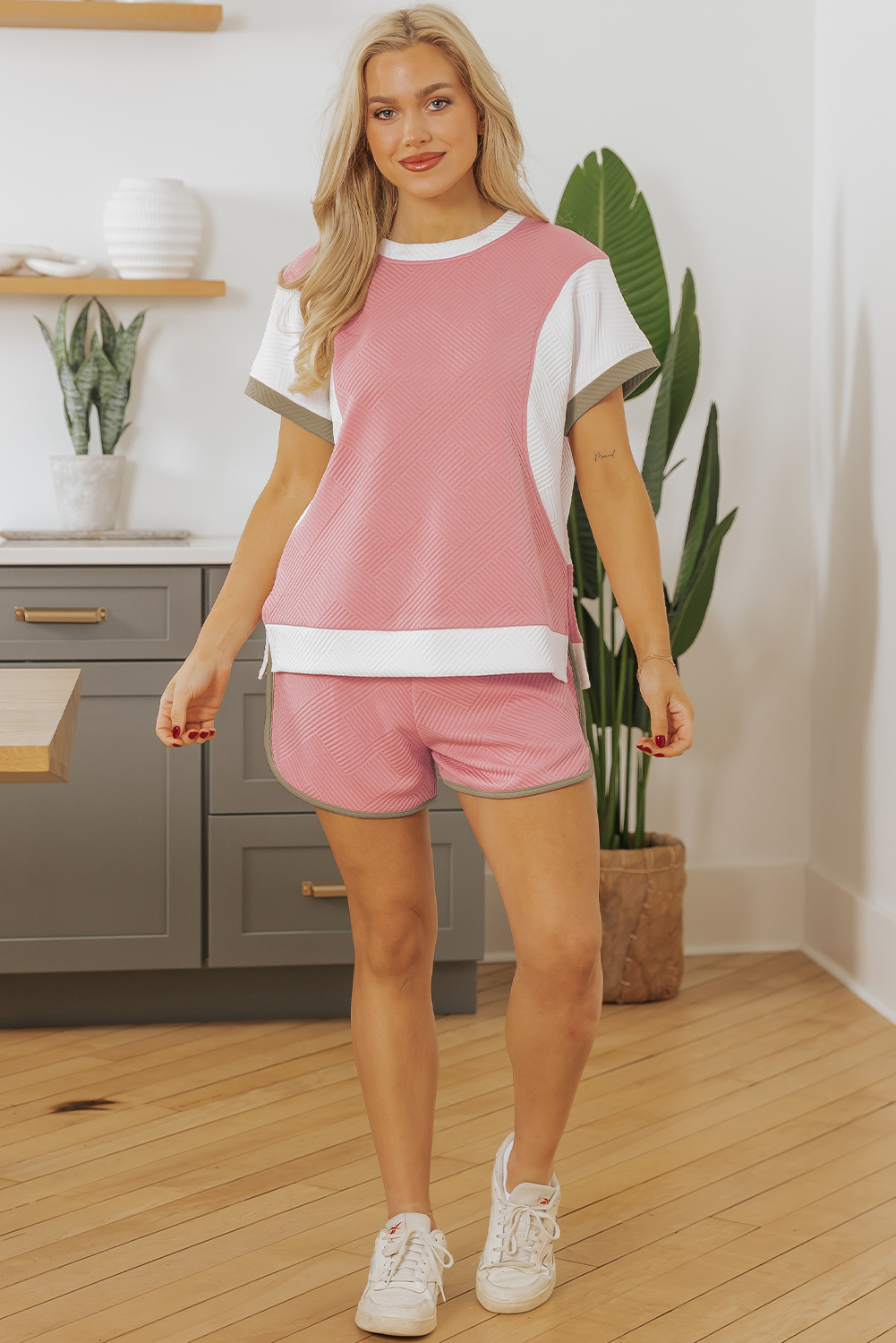 Casual Summer Two-Piece Set: Pink Colorblock Tee with Matching Shorts - Detail View 6 Casual Summer Two-Piece Set: Pink Colorblock Tee with Matching Shorts - Detail View 6