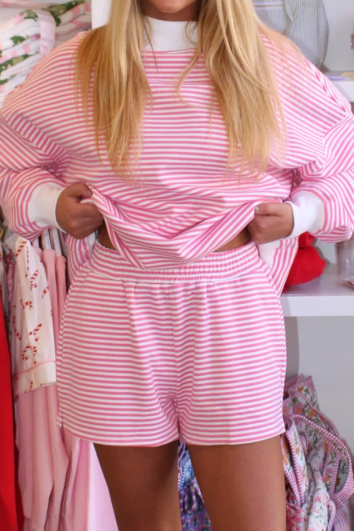 Trendy Pink Stripe Sweatshirt and Shorts Set – Perfect Fall Outfit for Women - Detail View 3 Trendy Pink Stripe Sweatshirt and Shorts Set – Perfect Fall Outfit for Women - Detail View 3