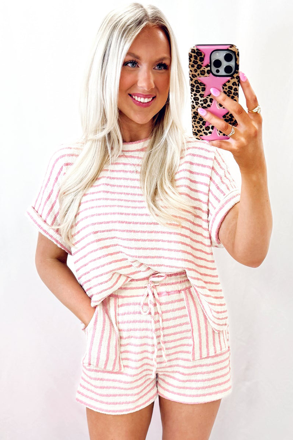 Stylish Casual Two-Piece Set: Pink Striped Top with Short Sleeves and Drawstring Shorts - Detail View 6 Stylish Casual Two-Piece Set: Pink Striped Top with Short Sleeves and Drawstring Shorts - Detail View 6