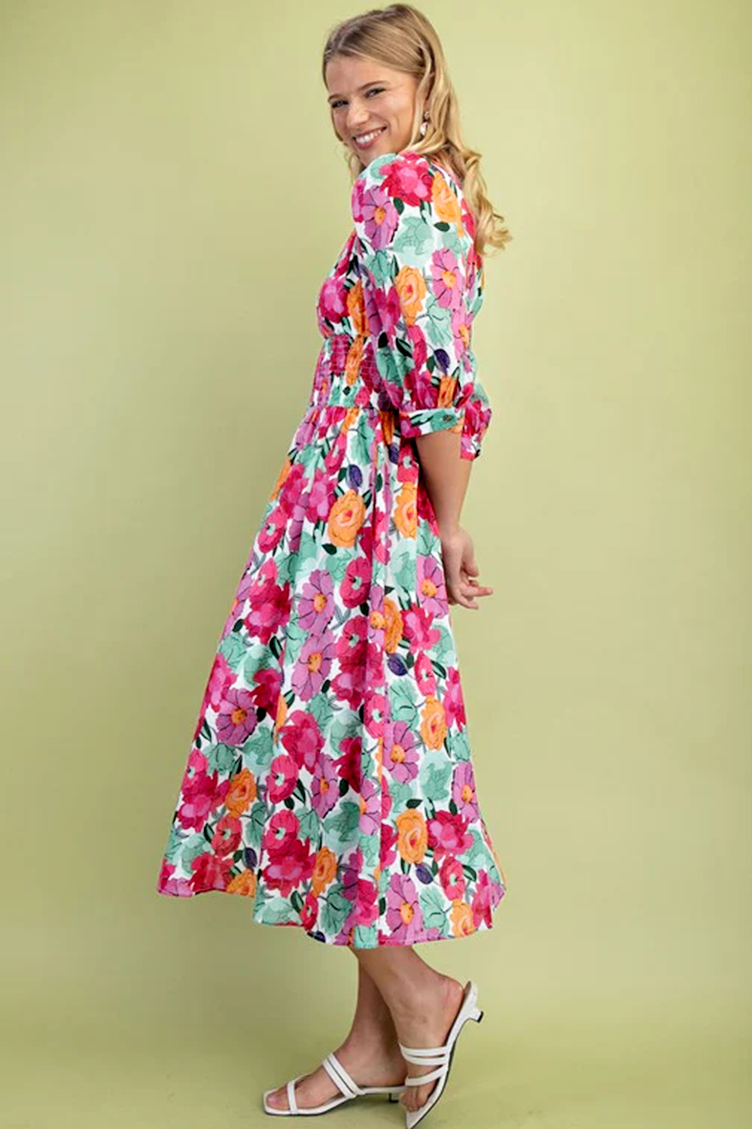 Vibrant Rose Floral Midi Dress – Southern Belle Style Shift Dress with Shirred Waist and Zip Up Detail for Vacation - Detail View 3 Vibrant Rose Floral Midi Dress – Southern Belle Style Shift Dress with Shirred Waist and Zip Up Detail for Vacation - Detail View 3