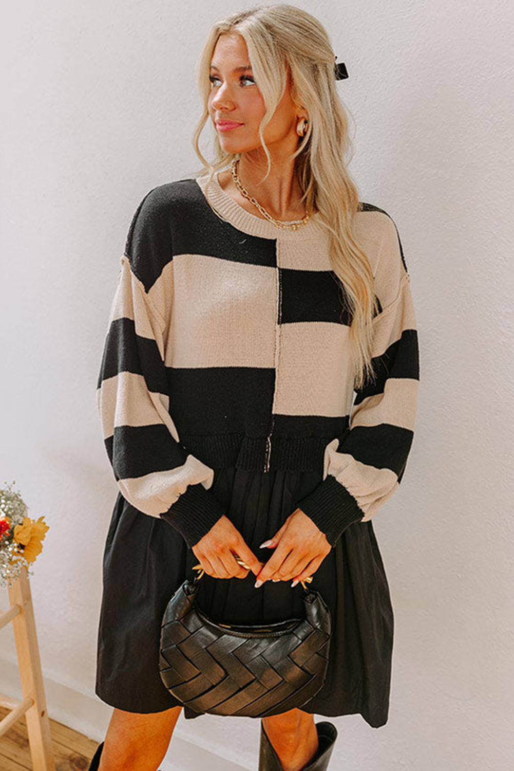 Women's Black Stripe Two-in-One Knitted Top High Waist Splicing Hem Sweater Dress - Detail View 5 Women's Black Stripe Two-in-One Knitted Top High Waist Splicing Hem Sweater Dress - Detail View 5