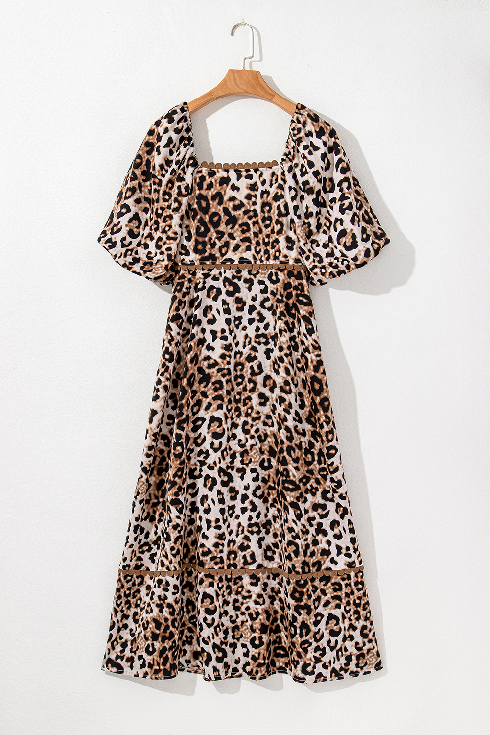 Brown Leopard Print Bubble Sleeve Square Neck Maxi Dress for Women - Detail View 9 Brown Leopard Print Bubble Sleeve Square Neck Maxi Dress for Women - Detail View 9