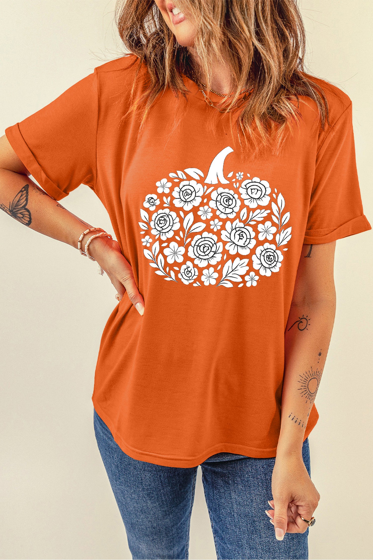 Fall Graphic Pumpkin Women's Tee, Cuffed Sleeve Floral Top - Detail View 5 Fall Graphic Pumpkin Women's Tee, Cuffed Sleeve Floral Top - Detail View 5