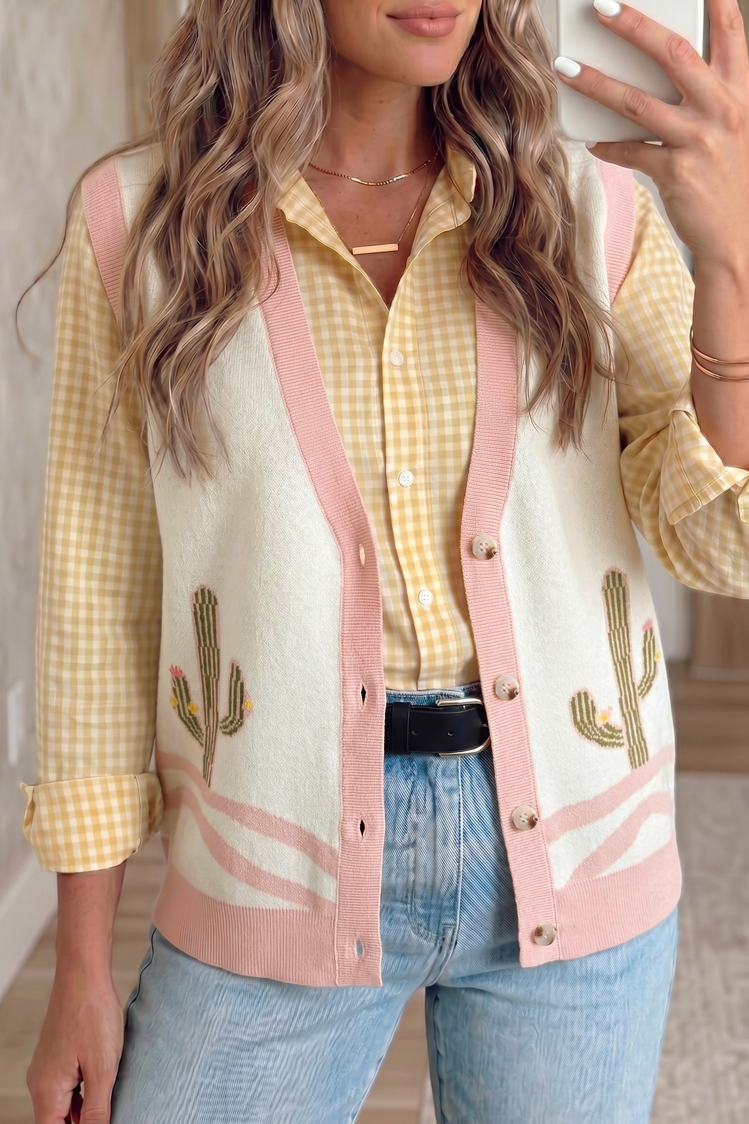Women's Cactus Print Sweater Vest, Pink Button Front Layer - Detail View 10 Women's Cactus Print Sweater Vest, Pink Button Front Layer - Detail View 10