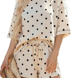 Women's Polka Dot Two Piece Lounge Set – Short Sleeve Tee and Drawstring Shorts, Casual Summer Outfit - Main View
