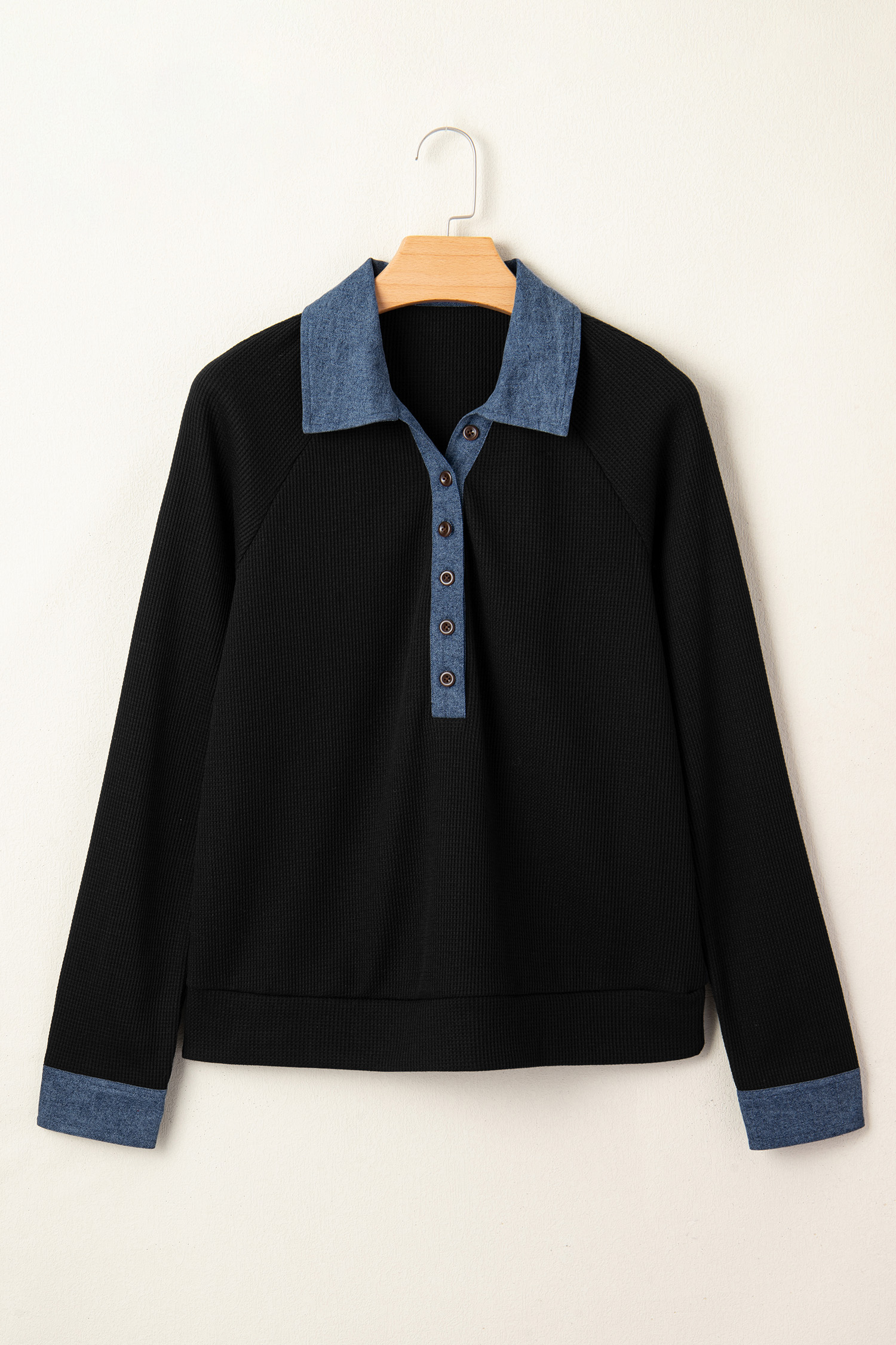 Casual Black Denim Patchwork Polo for Men - Long Sleeve Knit Top with Button Collar - Detail View 2 Casual Black Denim Patchwork Polo for Men - Long Sleeve Knit Top with Button Collar - Detail View 2