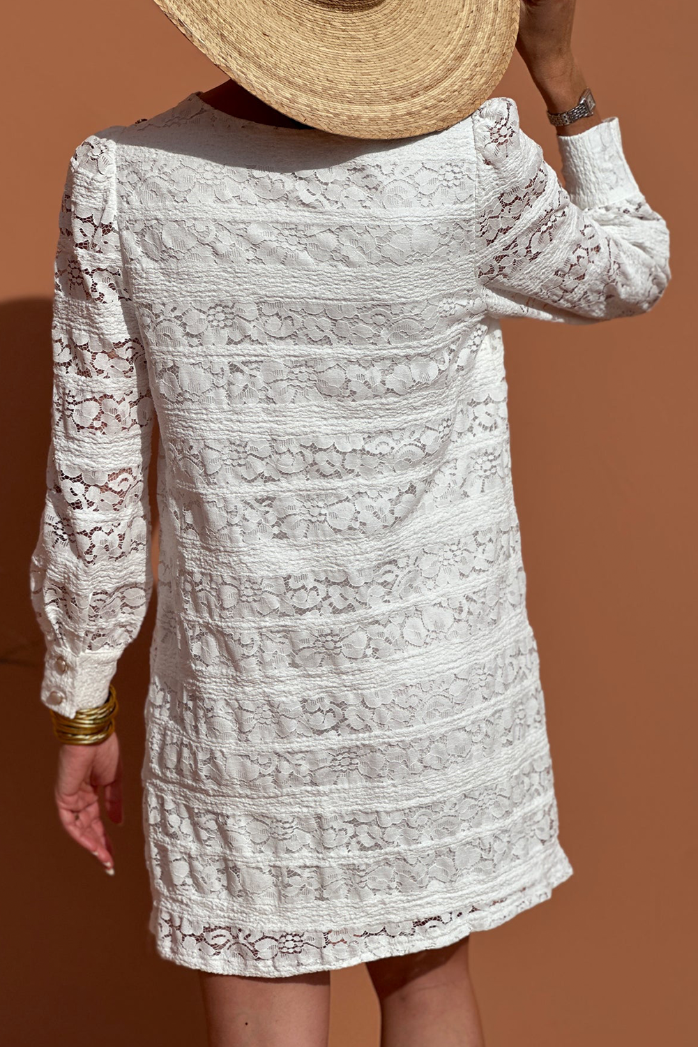 Chic White Lace Mini Dress with Long Puff Sleeves and Round Neck for Daily Occasions - Detail View 2 Chic White Lace Mini Dress with Long Puff Sleeves and Round Neck for Daily Occasions - Detail View 2