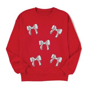 Plus Size Red Sequined Baseball Bow Graphic Sweatshirt for Casual Fall Style - Main View