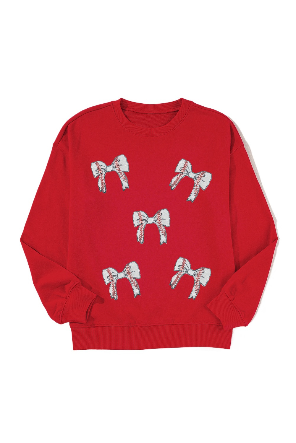 Plus Size Red Sequined Baseball Bow Graphic Sweatshirt for Casual Fall Style - Main View Plus Size Red Sequined Baseball Bow Graphic Sweatshirt for Casual Fall Style - Main View