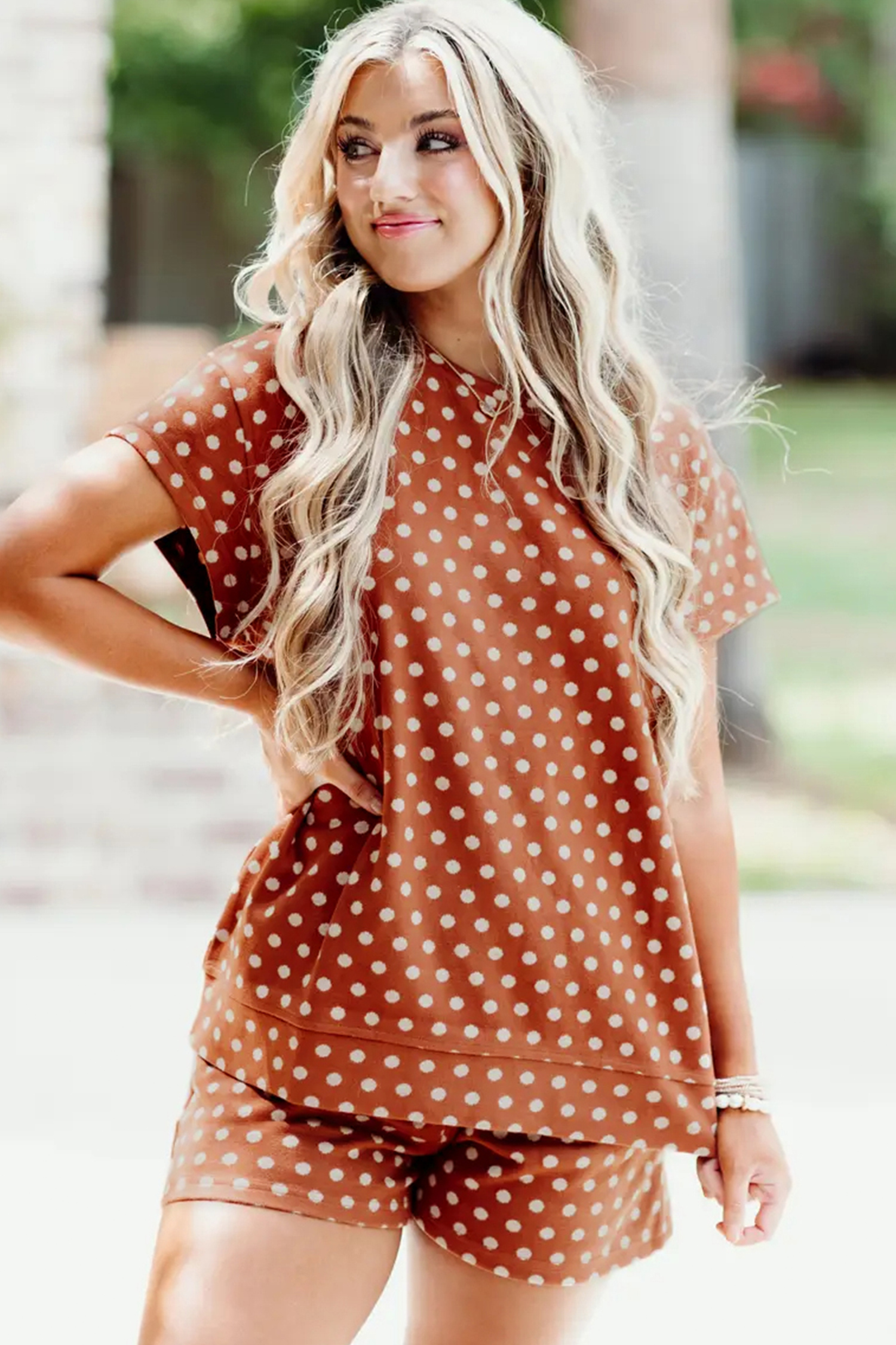 Casual Brown Polka Dot Short Set – Ideal Summer Attire for Women on the Go - Detail View 3 Casual Brown Polka Dot Short Set – Ideal Summer Attire for Women on the Go - Detail View 3