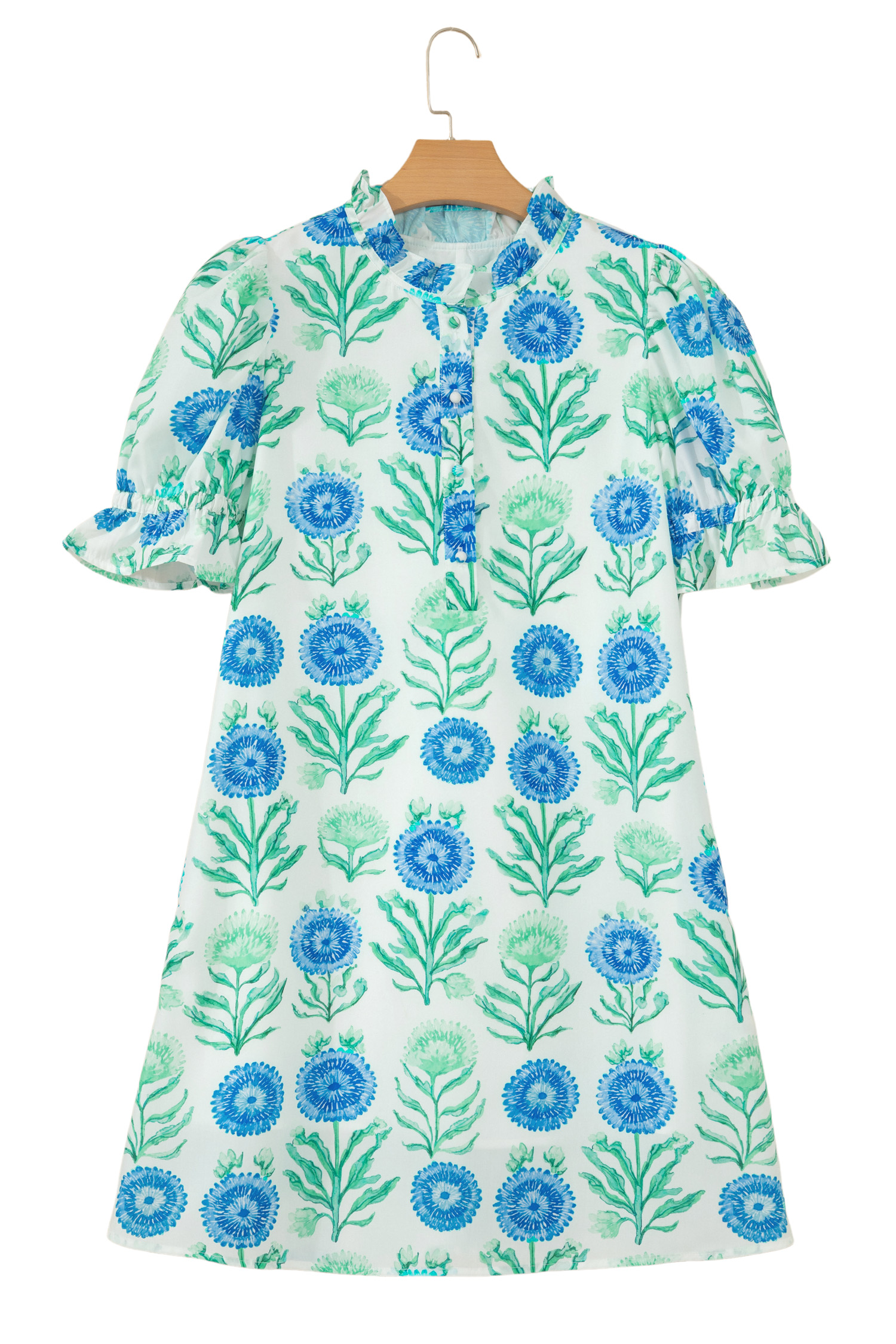 Women's Floral Mini Dress – Sky Blue Puff Sleeve Summer Shift - Detail View 7 Women's Floral Mini Dress – Sky Blue Puff Sleeve Summer Shift - Detail View 7