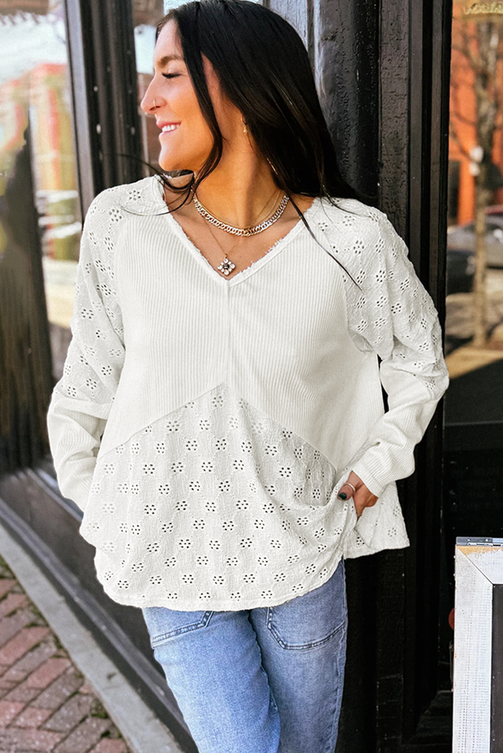 Casual White Long Sleeve Top with Unique Patchwork Embroidery Design - Detail View 2 Casual White Long Sleeve Top with Unique Patchwork Embroidery Design - Detail View 2