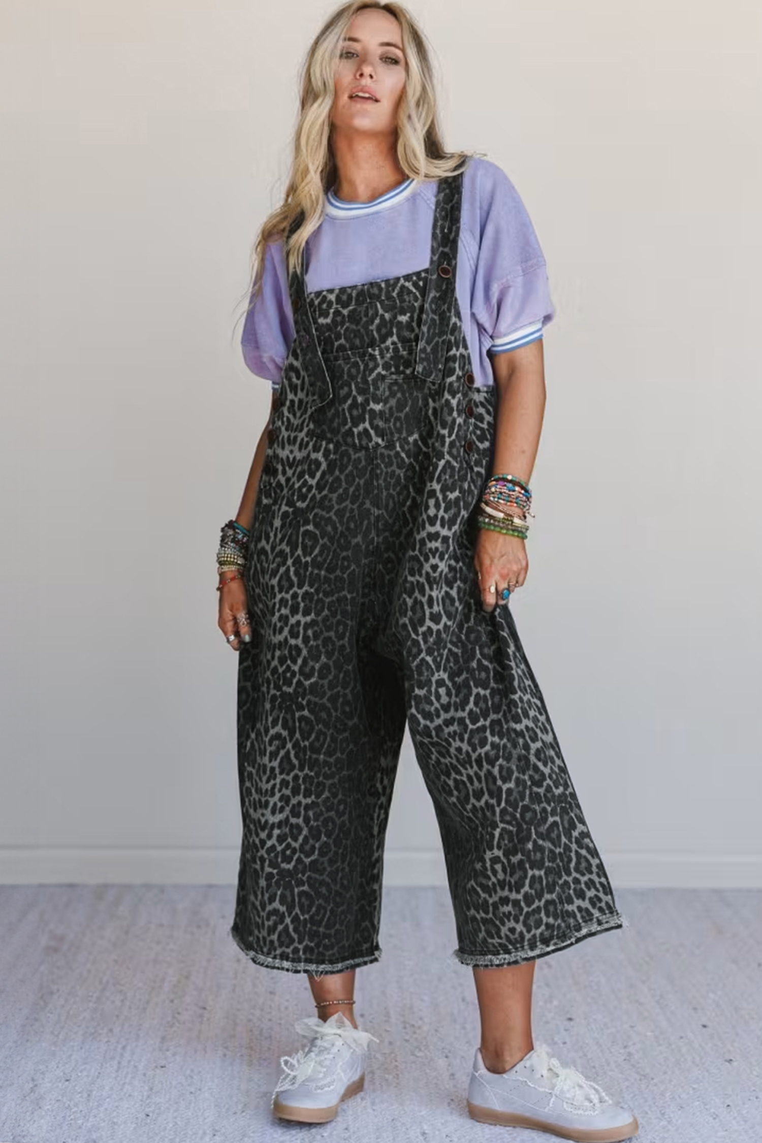 Trendy Women's Cropped Denim Overalls in Gray Leopard Print – Perfect for Daily Wear - Detail View 6 Trendy Women's Cropped Denim Overalls in Gray Leopard Print – Perfect for Daily Wear - Detail View 6
