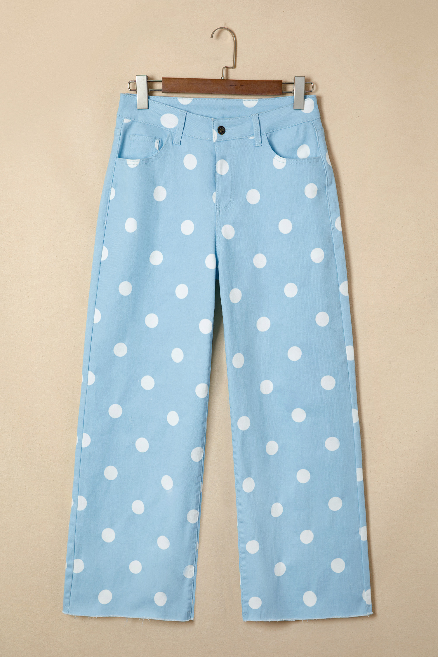 Gift for Her: Women's Sky Blue Polka Dot High Waist Jeans – Comfortable Cotton Blend Denim Pants with Pockets - Detail View 3 Gift for Her: Women's Sky Blue Polka Dot High Waist Jeans – Comfortable Cotton Blend Denim Pants with Pockets - Detail View 3