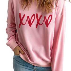 Women's Pink Heart XOXO Graphic Crewneck Sweatshirt - Cozy Drop Shoulder Design for Valentine's Day - Main View