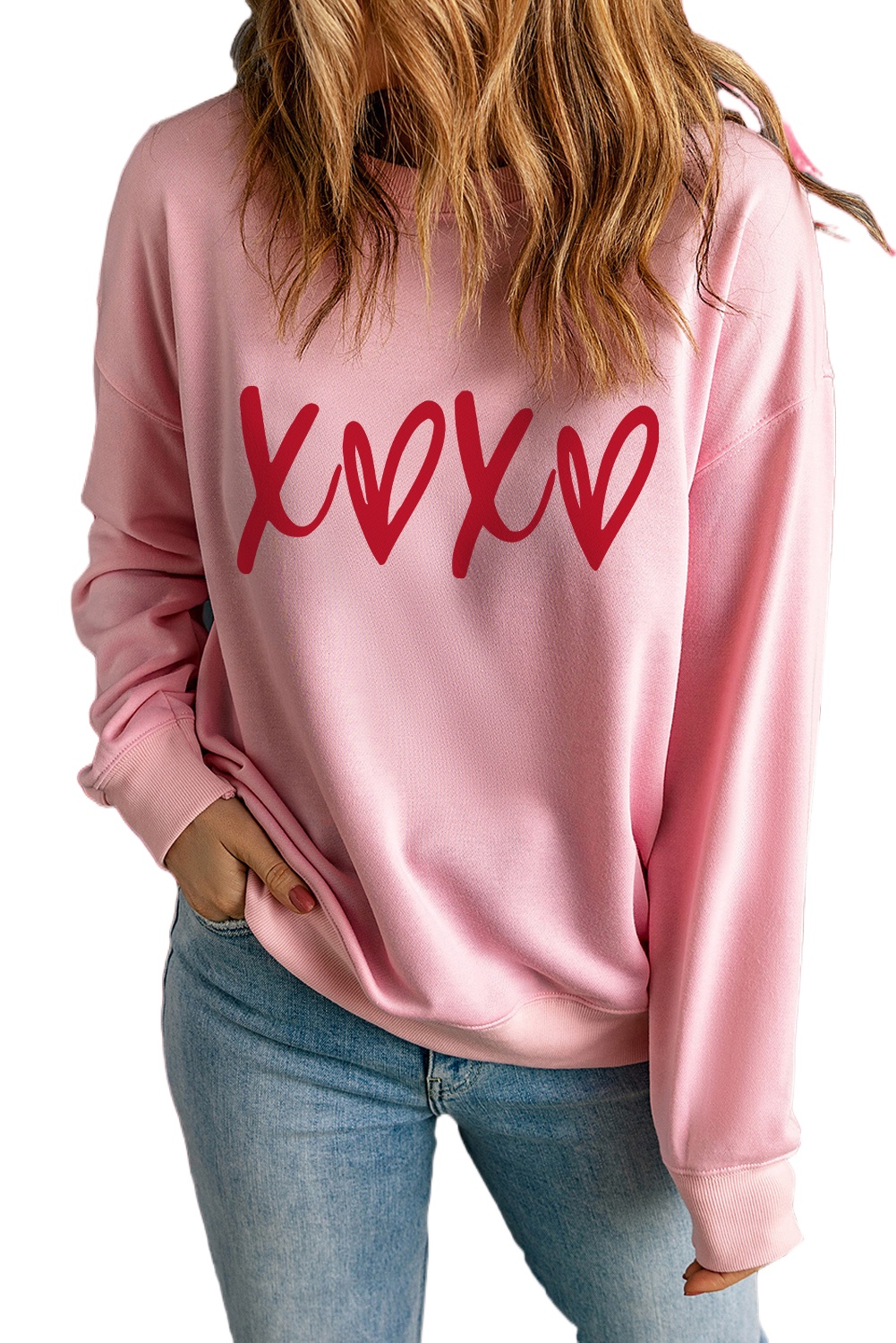Women's Pink Heart XOXO Graphic Crewneck Sweatshirt - Cozy Drop Shoulder Design for Valentine's Day - Main View Women's Pink Heart XOXO Graphic Crewneck Sweatshirt - Cozy Drop Shoulder Design for Valentine's Day - Main View