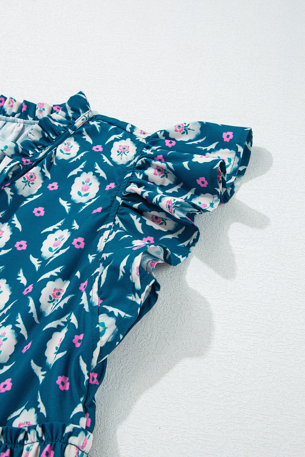 Women's Blue Retro Floral Print Ruffle Short Sleeve Mini Dress - Detail View 21 Women's Blue Retro Floral Print Ruffle Short Sleeve Mini Dress - Detail View 21
