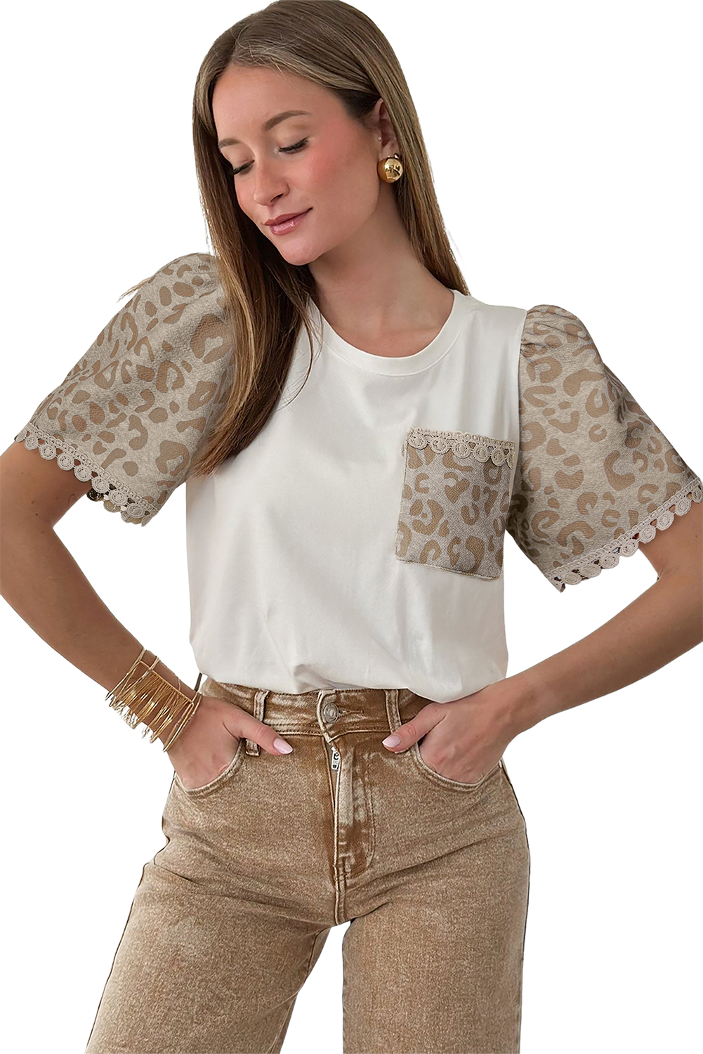 Stylish Daily Wear: Women's Round Neck Puff Sleeve Tee with Leopard Patchwork and Crochet - Detail View 23 Stylish Daily Wear: Women's Round Neck Puff Sleeve Tee with Leopard Patchwork and Crochet - Detail View 23