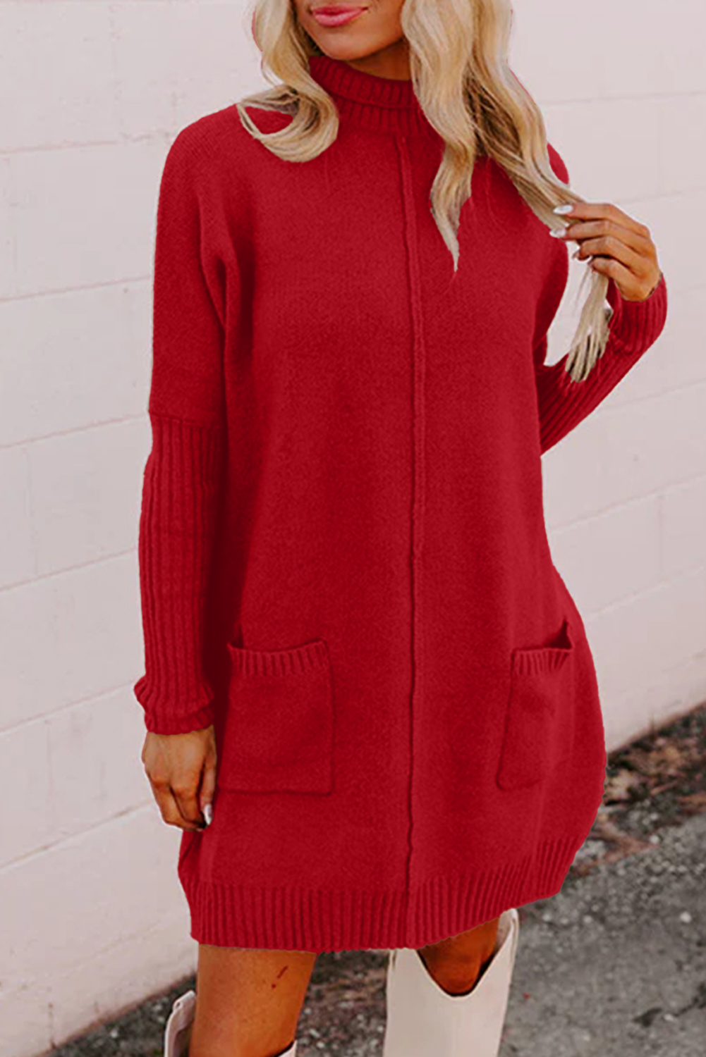 Women's Fiery Red Ribbed Shift Sweater Dress with Pockets – Casual Daily Wear - Detail View 7 Women's Fiery Red Ribbed Shift Sweater Dress with Pockets – Casual Daily Wear - Detail View 7