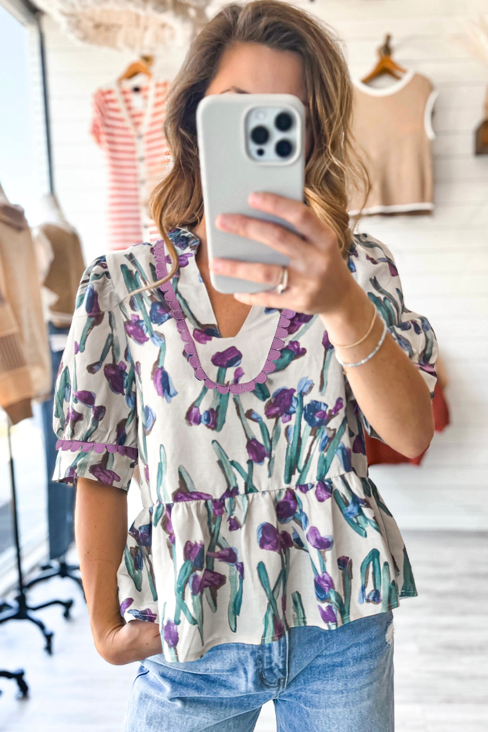 Women's Blouse, Purple Floral, Ricrac Trim, Peplum Top, Puff Sleeves, V Neck, Casual Wear, Summer Fashion, Feminine Design, Charming Appearance, Stylish Details, Daily Occasions, Country Style, Tops & Shirts - Detail View 12 Women's Blouse, Purple Floral, Ricrac Trim, Peplum Top, Puff Sleeves, V Neck, Casual Wear, Summer Fashion, Feminine Design, Charming Appearance, Stylish Details, Daily Occasions, Country Style, Tops & Shirts - Detail View 12