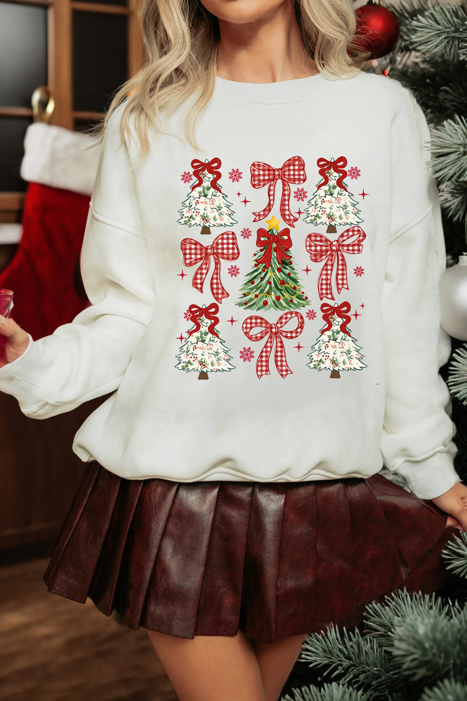 Festive White Bow Detail Sweatshirt for Women – Holiday Casual Style - Detail View 6 Festive White Bow Detail Sweatshirt for Women – Holiday Casual Style - Detail View 6