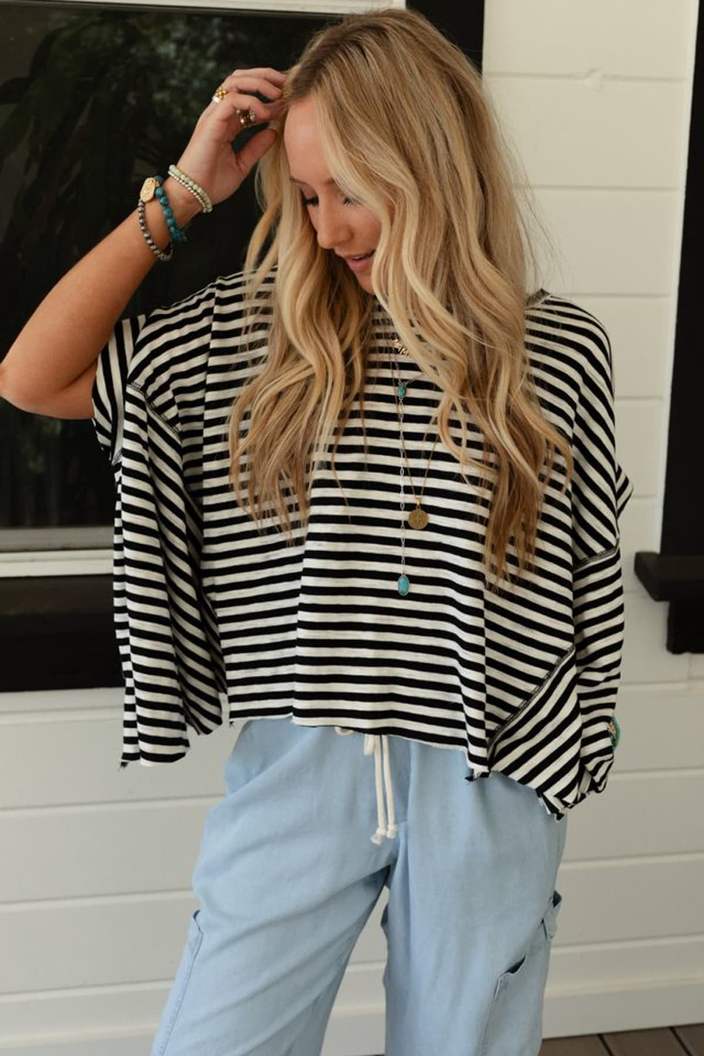 Women's Top, Black Stripe, Batwing Sleeve, Oversized, Casual, Comfortable, Crewneck, Summer Fashion, Daily Wear, Relaxed Fit, Voluminous Look, Trendy Style, Versatile Neckline, Tops & Tees - Detail View 4 Women's Top, Black Stripe, Batwing Sleeve, Oversized, Casual, Comfortable, Crewneck, Summer Fashion, Daily Wear, Relaxed Fit, Voluminous Look, Trendy Style, Versatile Neckline, Tops & Tees - Detail View 4