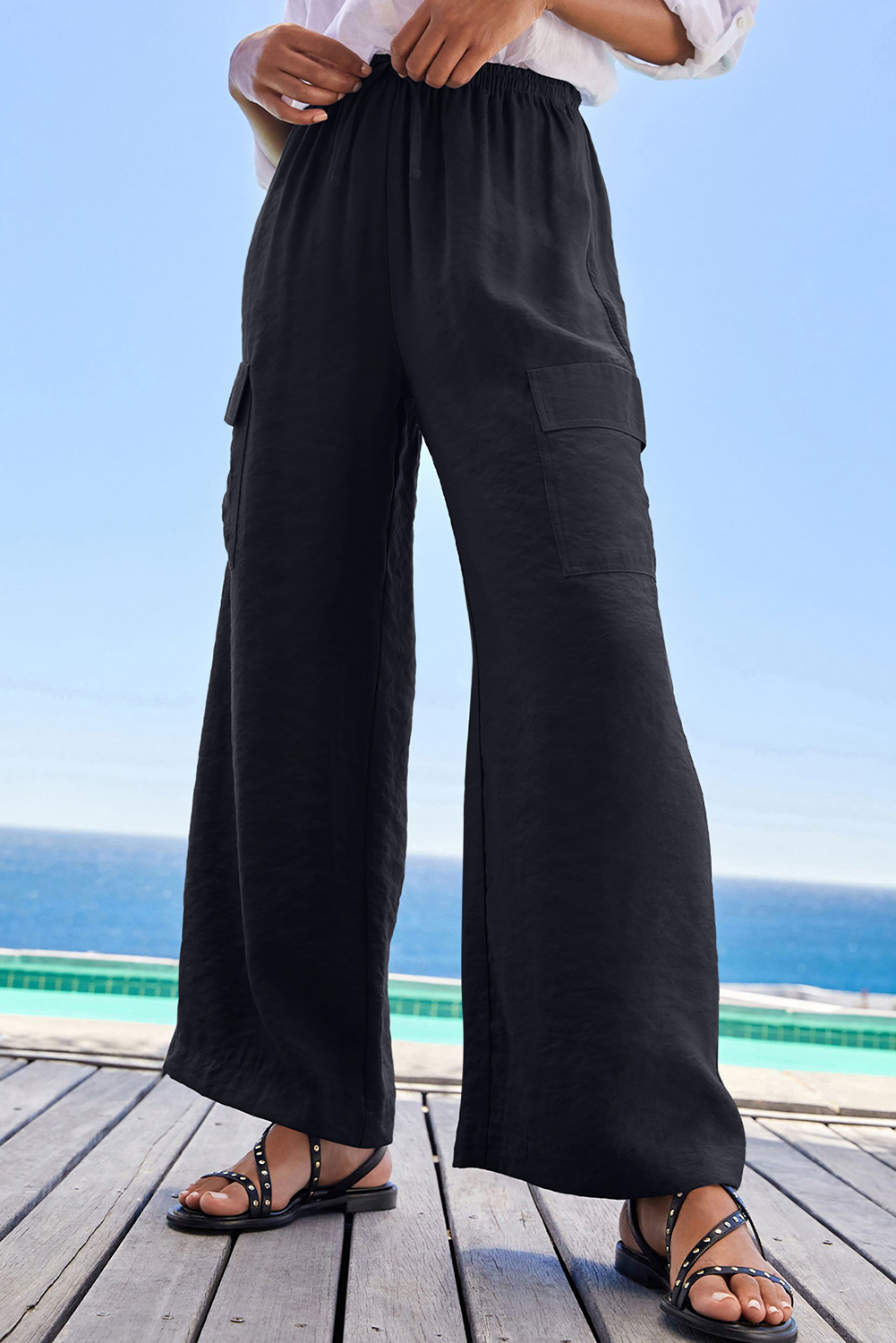 Casual High Waist Wide Leg Pants for Women - Stylish Black Utility Trousers - Detail View 10 Casual High Waist Wide Leg Pants for Women - Stylish Black Utility Trousers - Detail View 10