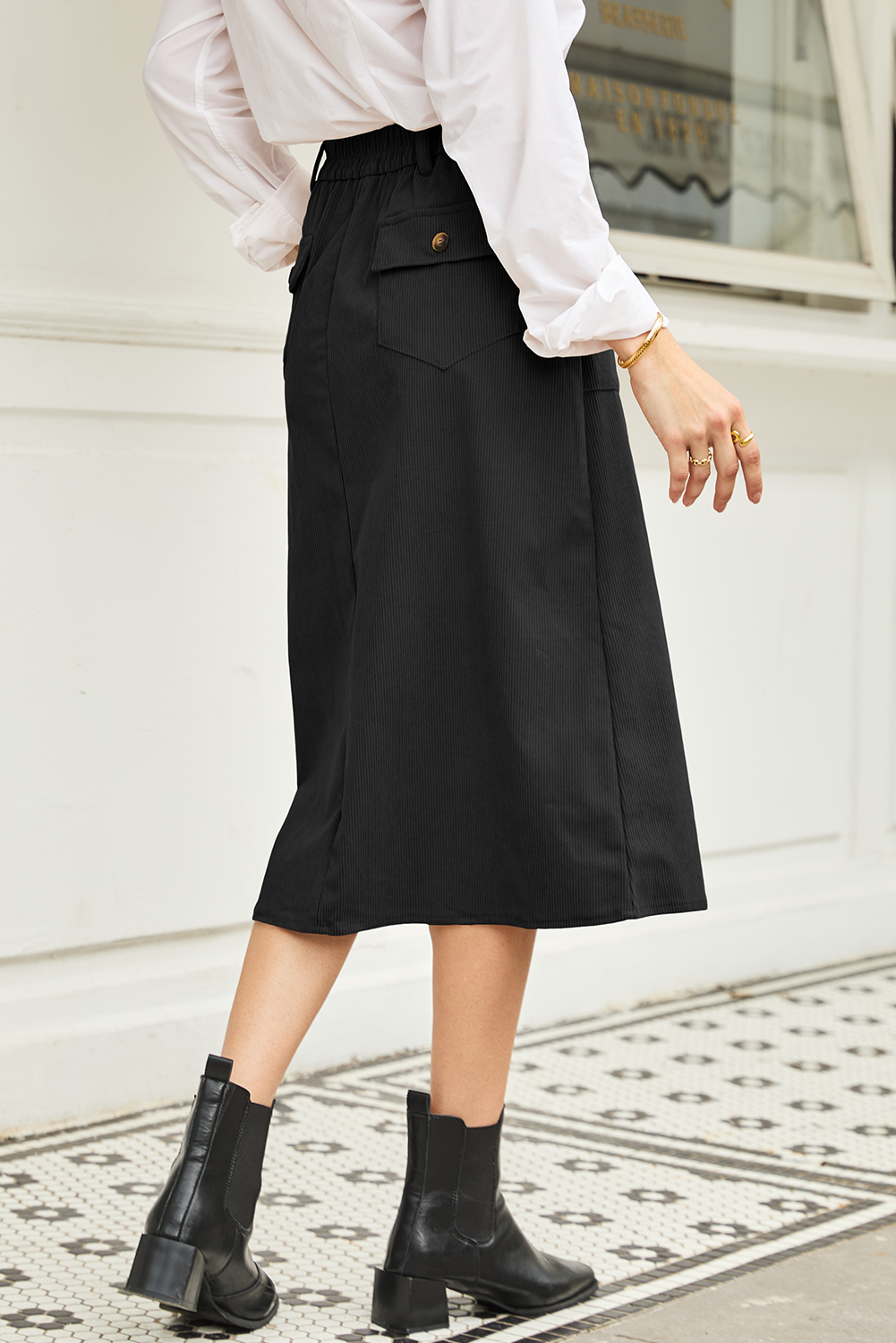 Women's Black Front Slit High Waist Midi Skirt – Stylish Casual Essential for Every Day - Detail View 10 Women's Black Front Slit High Waist Midi Skirt – Stylish Casual Essential for Every Day - Detail View 10