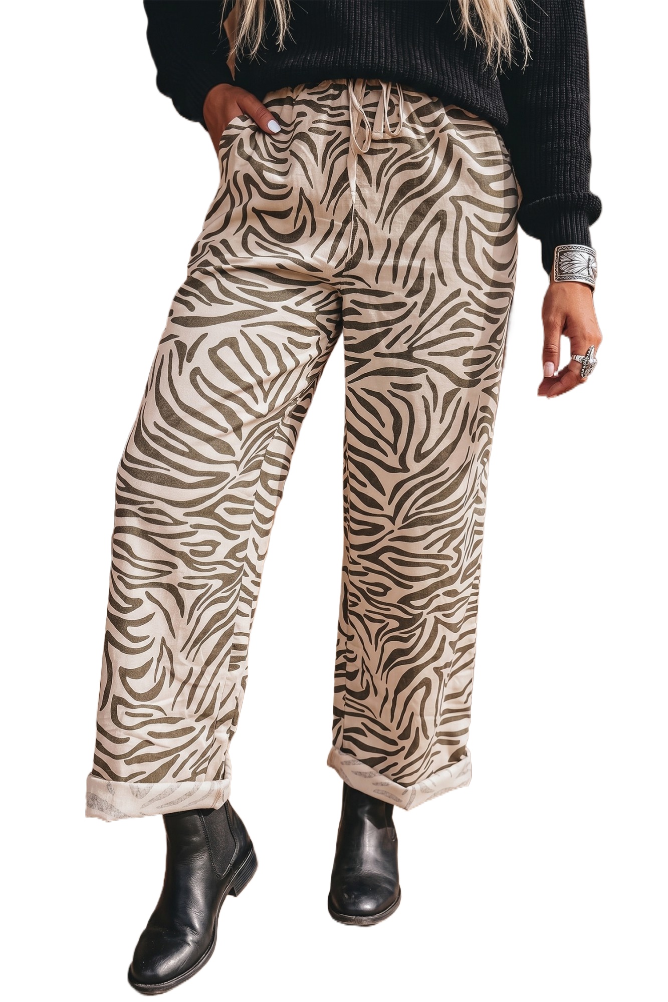 Women's Zebra Print Pants, Western Elastic Waist Casual - Main View Women's Zebra Print Pants, Western Elastic Waist Casual - Main View
