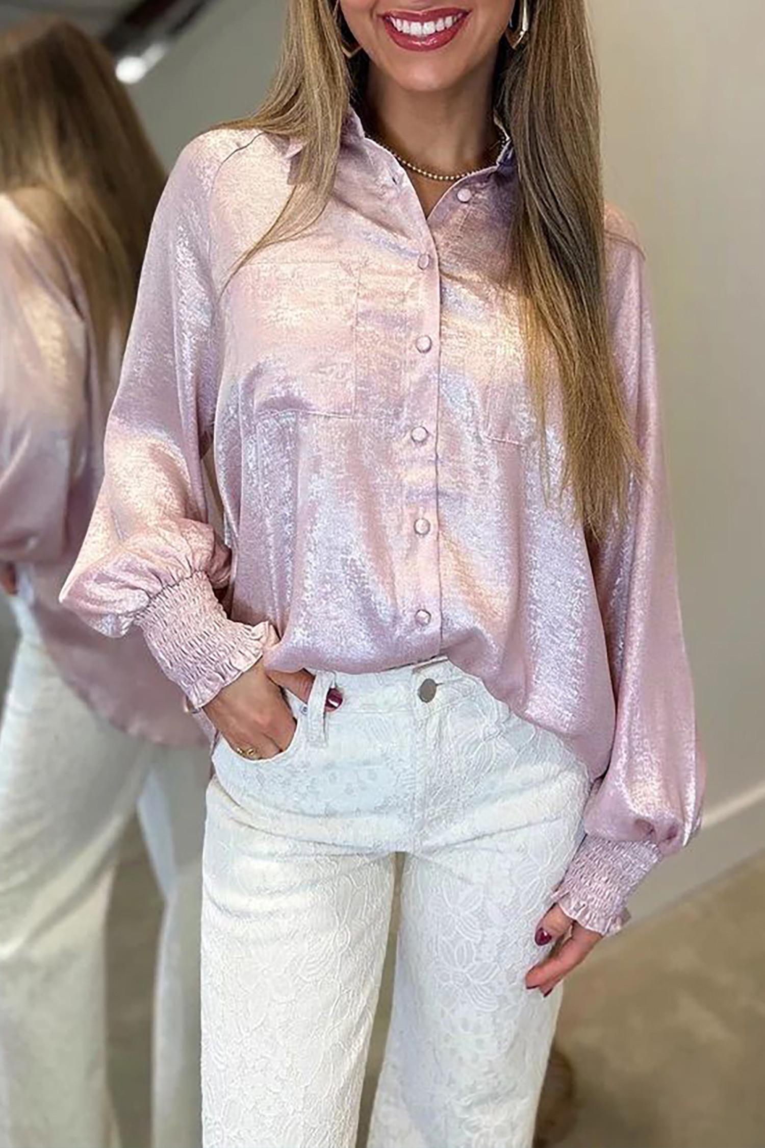 Long Sleeve Metallic Shirt, Women's Chic Daily Button Front - Detail View 3 Long Sleeve Metallic Shirt, Women's Chic Daily Button Front - Detail View 3