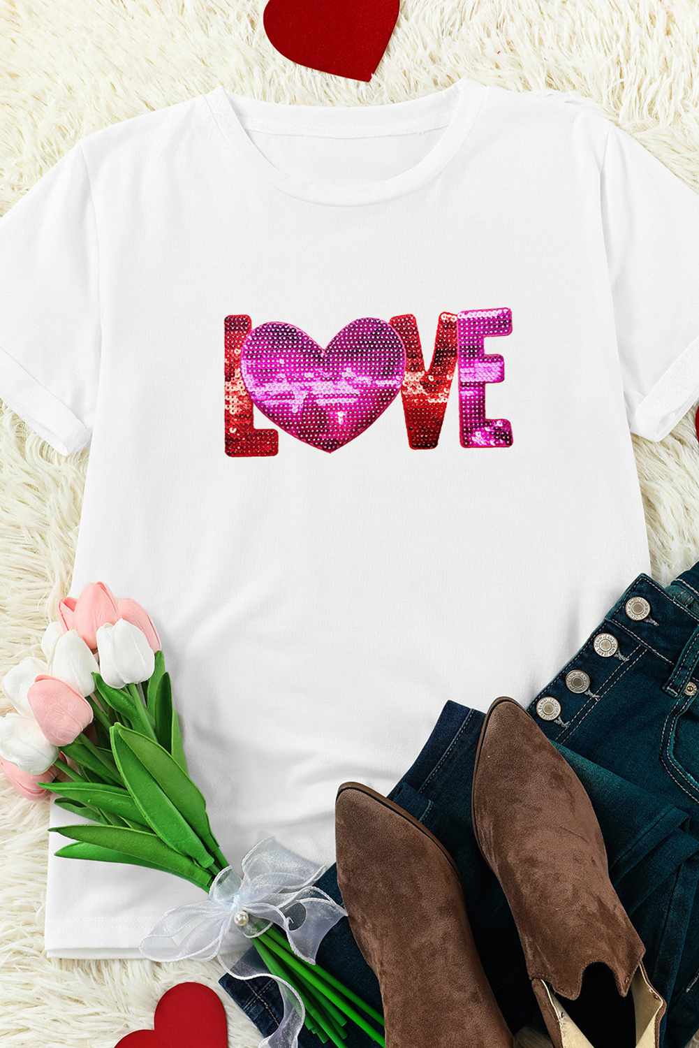 Women's T-Shirt, White Graphic Tee, Heart Pattern, LOVE Patch, Valentine's Day, Casual Style, Comfortable Fit, Short Sleeve, Crew Neck, Versatile Top, Summer Fashion, Daily Wear, Letter Print, Elegant Design - Detail View 8 Women's T-Shirt, White Graphic Tee, Heart Pattern, LOVE Patch, Valentine's Day, Casual Style, Comfortable Fit, Short Sleeve, Crew Neck, Versatile Top, Summer Fashion, Daily Wear, Letter Print, Elegant Design - Detail View 8